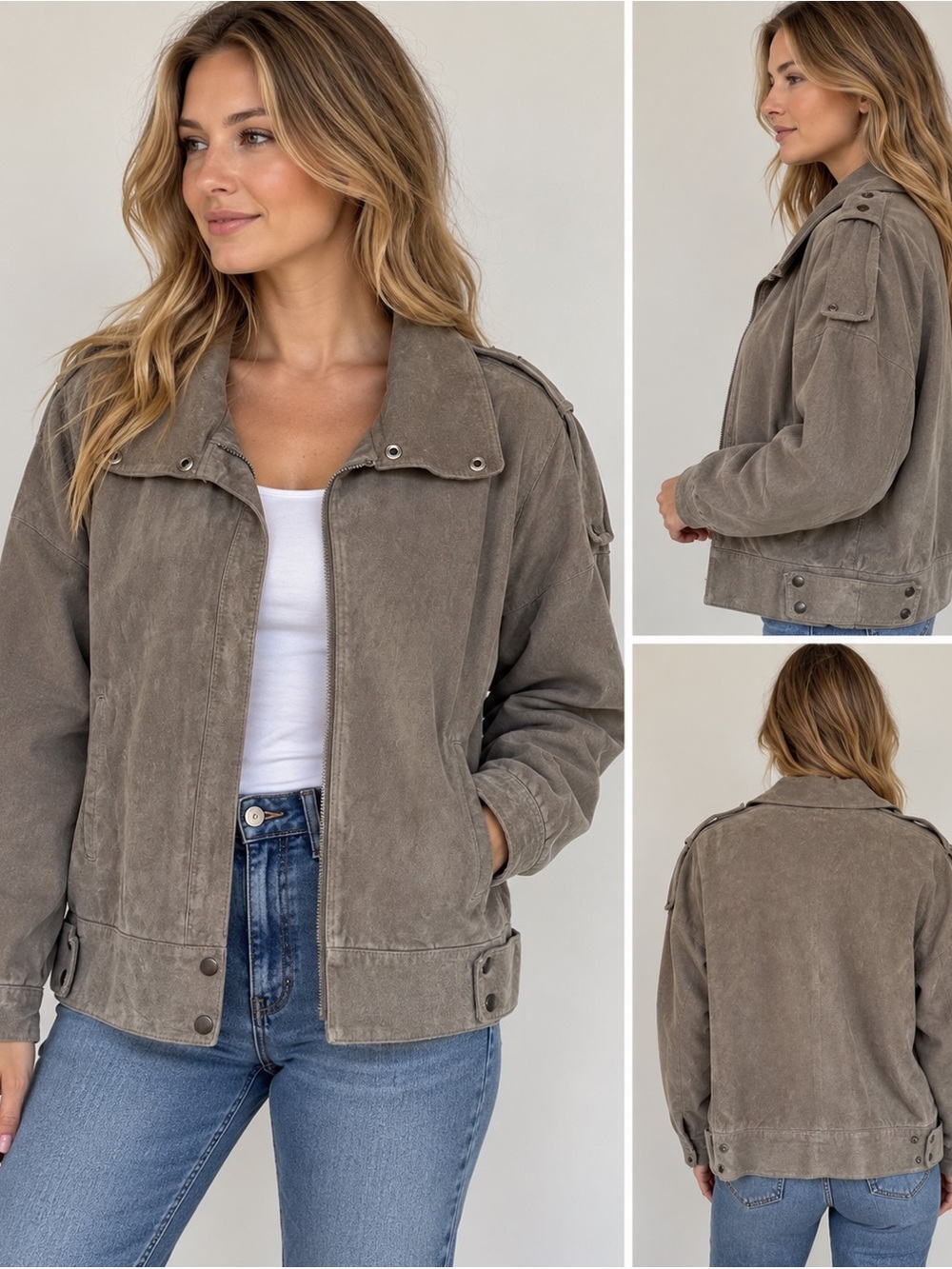 Vintage 1987 Epitome Jordan Marsh Genuine Suede Leather Jacket Slate Gray -Lg
